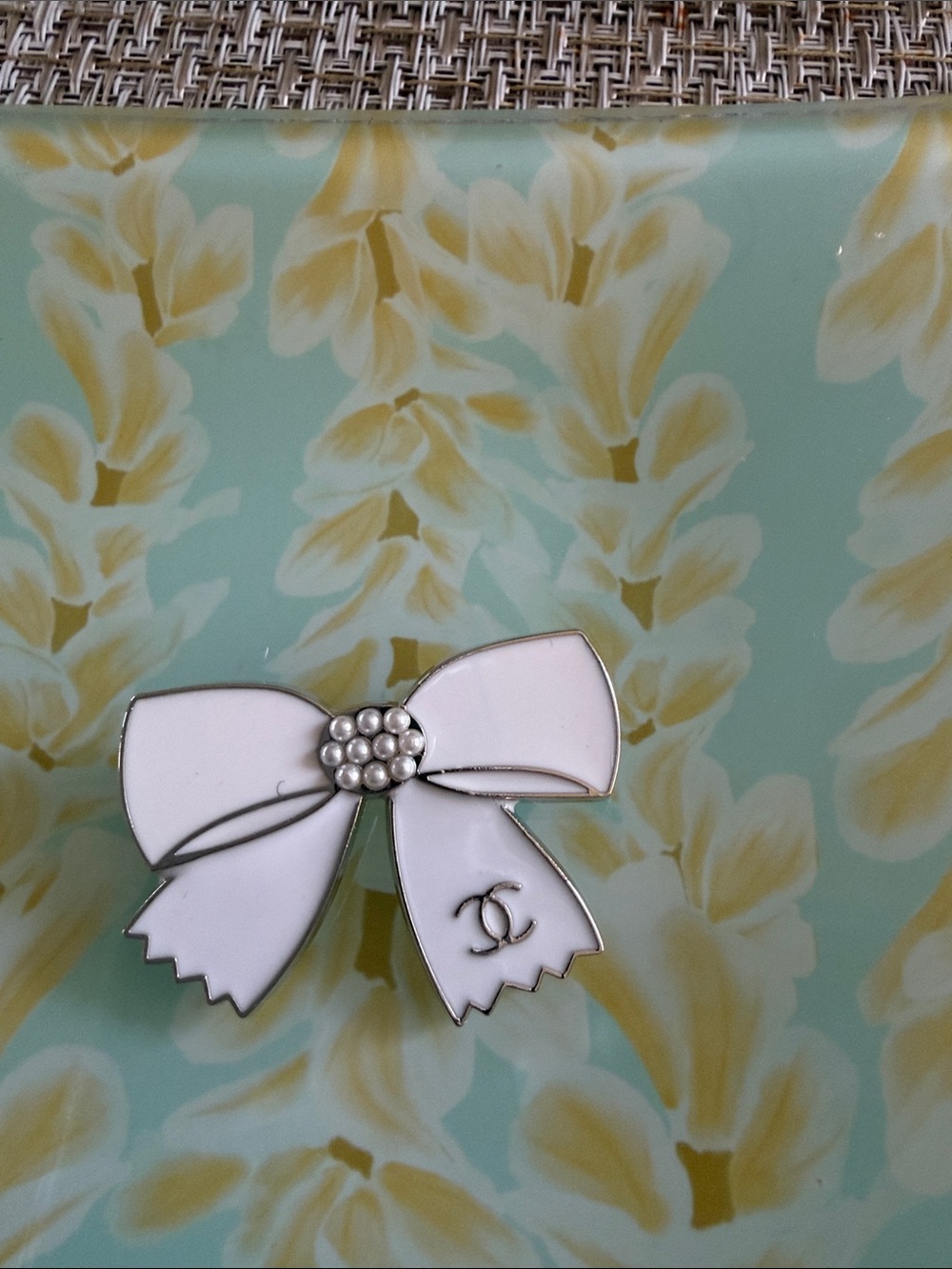 White Enamel Bow Brooch with Pearl Cluster